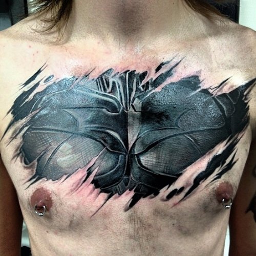 Black Ink Ripped Skin 3D Tattoo On Chest