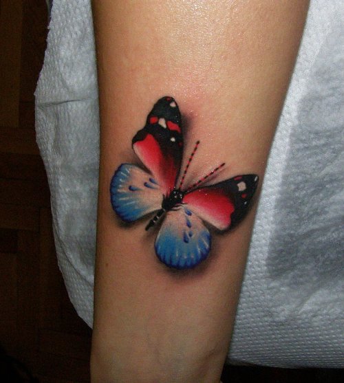 Colored 3D Butterfly Tattoo On Left Sleeve