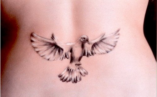 Flying 3D Dove Tattoo On Lowerback