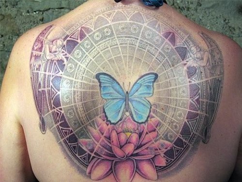 Lotus Flower And Blue Butterfly Tattoo On Back