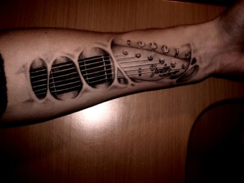 Grey Ink 3D Guitar Tattoo On Left Forearm