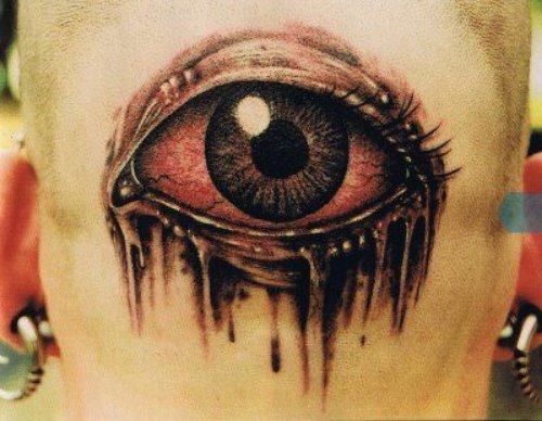 Attractive Color Ink 3D Eye Tattoo On Back Head