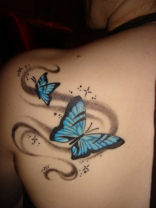 Blue Ink 3d Butterflies Tattoos On Left Back Shoulder