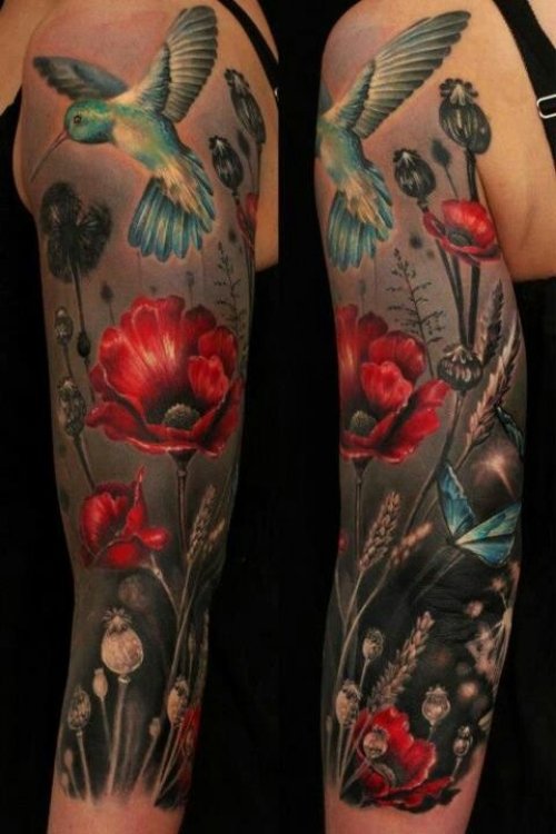 Color 3D Flowers And Flying Hummingbird Tattoo