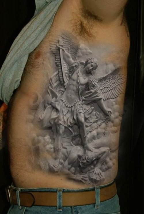 Grey Ink 3D Angel Tattoo On Rib Side
