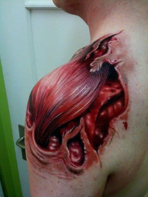 Red Ink 3D Tattoo On Man Left Shoulder