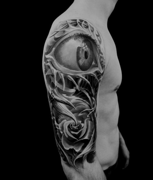 Grey Ink Rose Flower And Eye 3D Tattoo On Right Half Sleeve