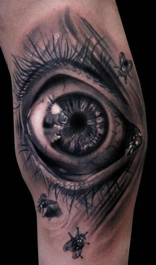 Grey Ink flies And 3D Eye Tattoo On Sleeve