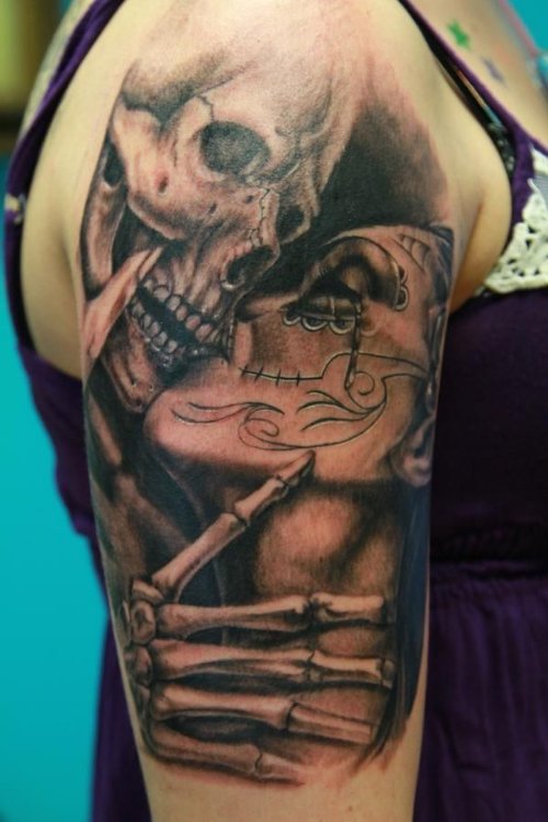 Grey Ink Skulls And Gypsy 3D Tattoo On Right Half Sleeve