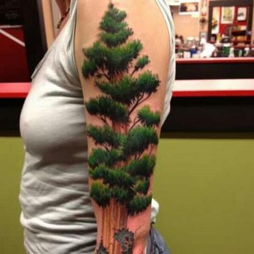 3d Pine Tree Tattoo On Left Sleeve