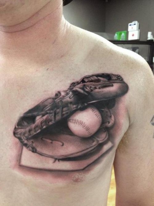 Awesome Grey Ink 3D Baseball Tattoo On Man Chest