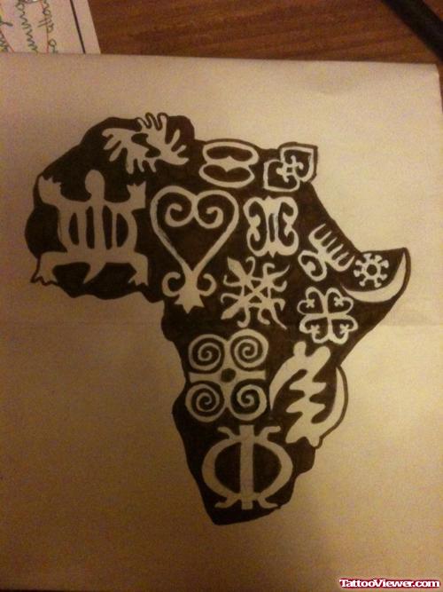 Amazing Black African Map Tattoo With Symbols Design