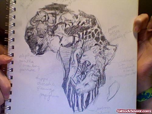 Wild animal In African Map Tattoo Design