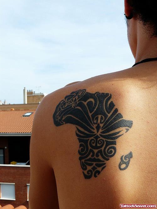 Maori African Map Tattoo On Left Back SHoulder