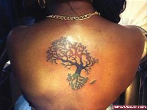 African Tree Tattoo On Girl Upperback