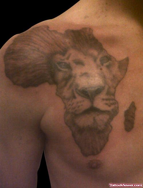 African Map and Lion Head Tattoo On Chest