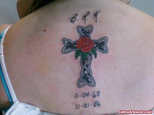 Memorial Celtic Cross And Rose African Tattoo On Upperback