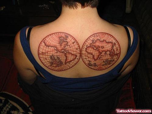 African Globe Tattoos On Girl Upperback