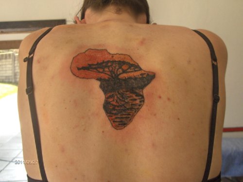 Colored Tree African Map Tattoo On Back