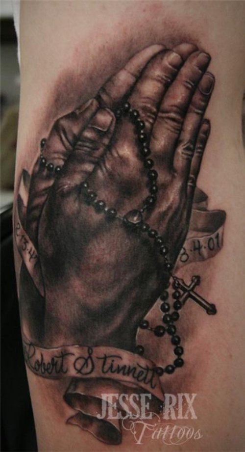 African Praying Hands And Rosary And Banner Tattoo