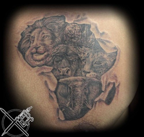 Grey African Map And Animals Heads In Map Tattoo