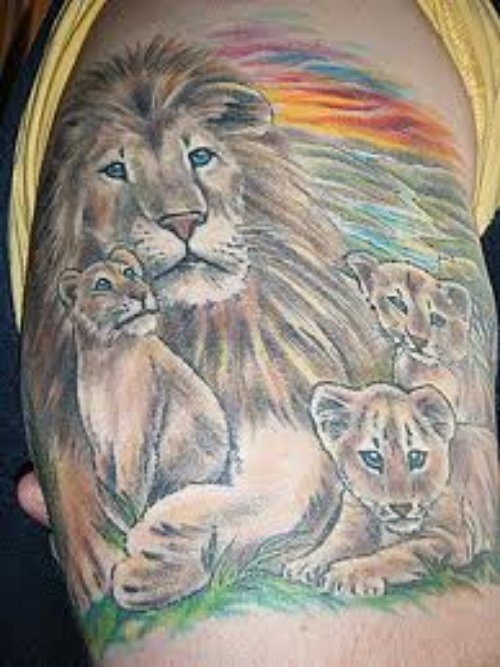 African Lion And Cubs Tattoo On Arm