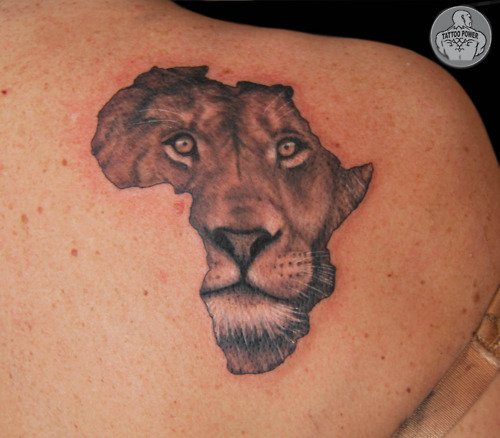 Grey Lion Head In African Map Tattoo On Right Back Shoulder