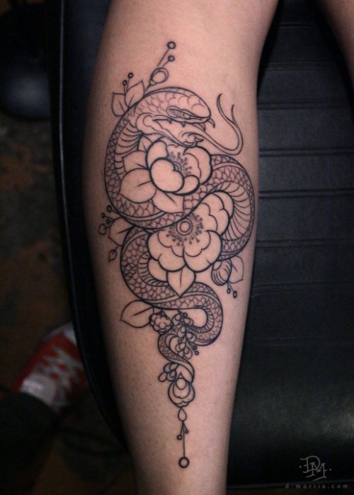 African Flowers And Snake Tattoo