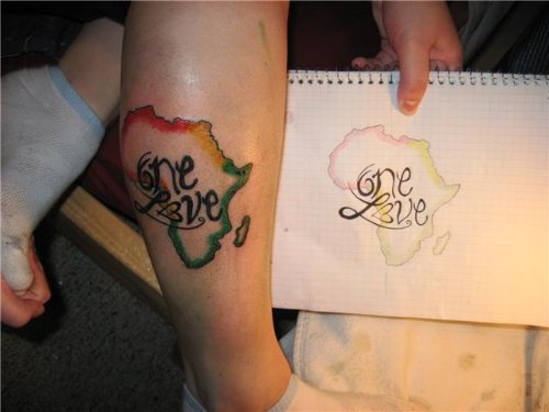 Beautiful One Love African Map Tattoo On Leg