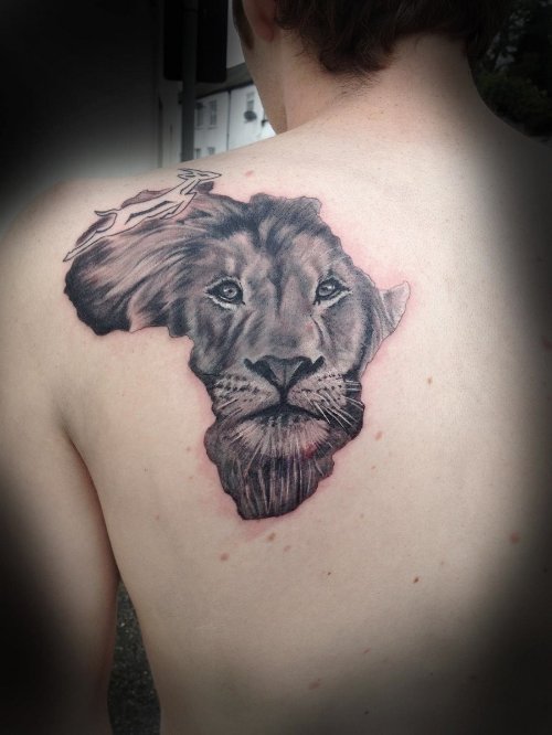 African Lion Face Tattoo On Man Back