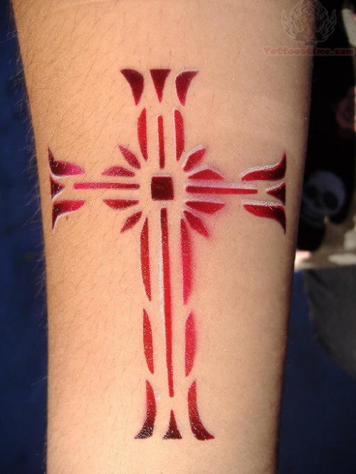 Breautiful Cross Airbrush Tattoo On Bicep