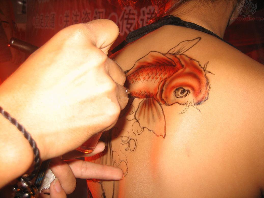 Airbrush Fish Tattoo On Girl Upperback