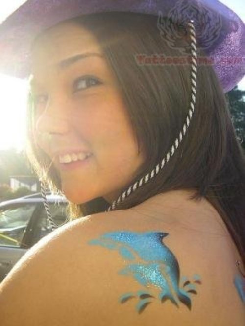 Blue Dolphin Airbrush Tattoo On Back Shoulder