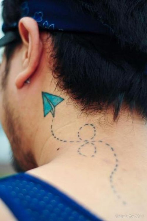 Blue Paper Airplane Tattoo On Side Neck