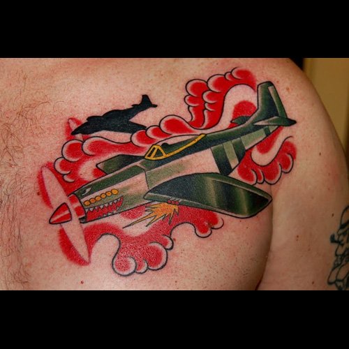 Tiger Shark Airplane Tattoo On Left Shoulder