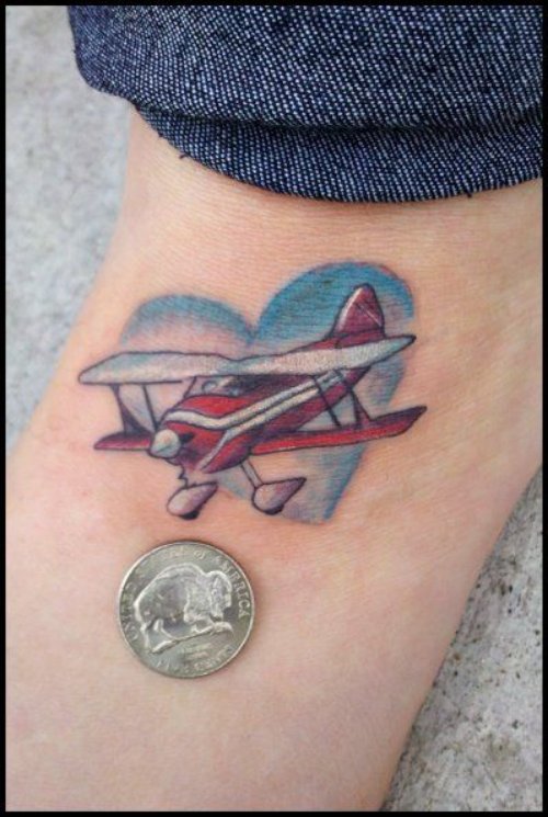 Blue Heart and Red Airplane Tattoo On Foot