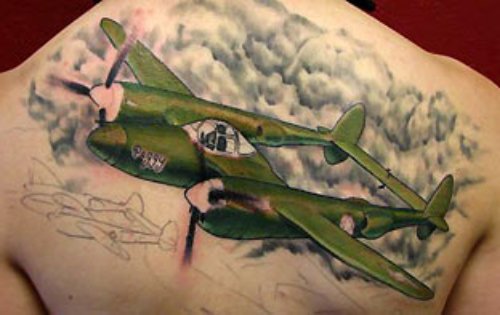 Green Ink Airplane Tattoo On Full Back