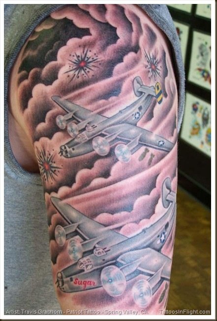 Airplane Tattoos On Left Half Sleeves