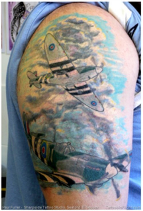 Airplane Tattoo On Man Right Half Sleeve