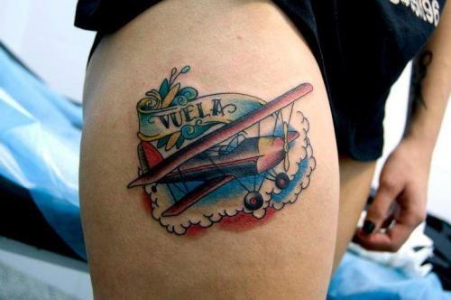 Airplane Tattoo On Right Side Thigh