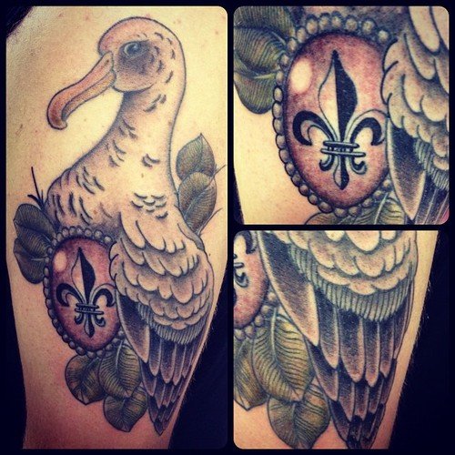Fleur De Lis And Albatross Tattoo On Leg