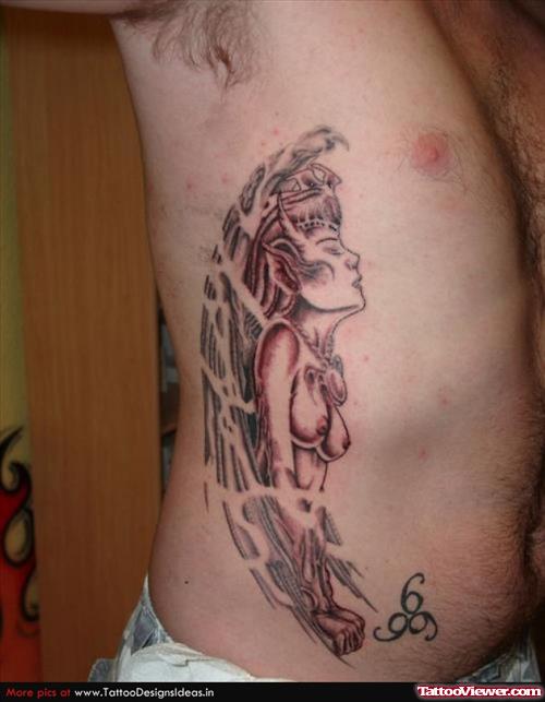Rib Side Grey Ink Alien Tattoo For Men
