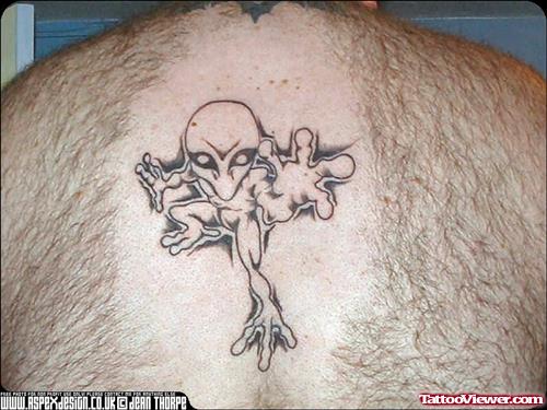 Outline Grey Ink Alien Tattoo On Back
