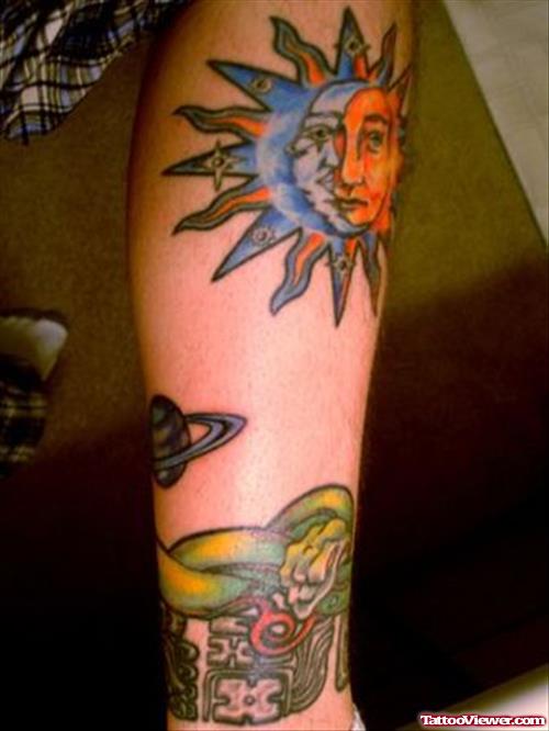 Color Ink Sun And Moon Alien Tattoo