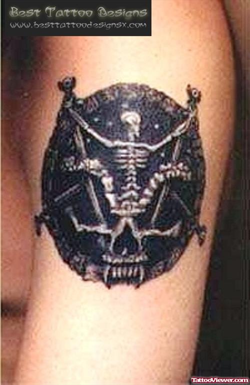 Black Ink Alien Tattoo On Left Bicep