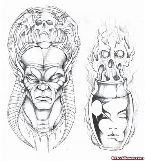 Male And Female Alien Heads Tattoos Design
