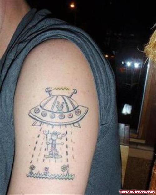 Grey Ink Alien Spaceship Tattoo On Left Half SLeeve