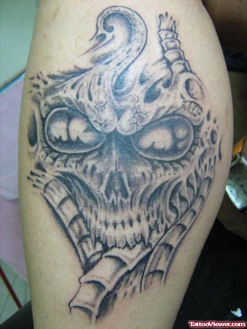 Unique Grey Ink Alien Tattoo On Leg