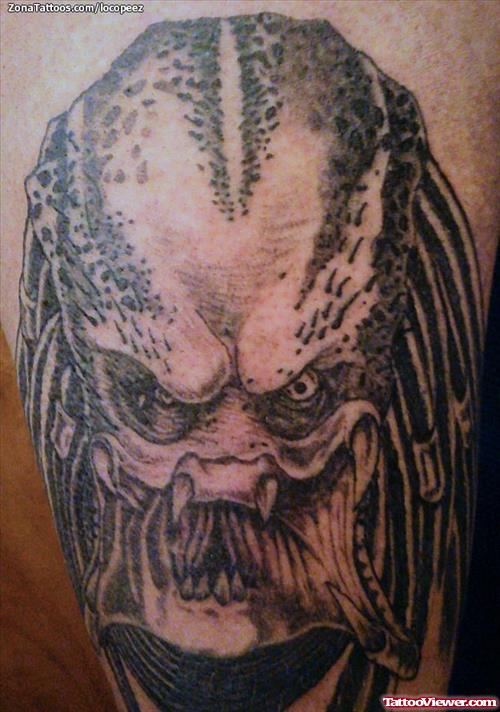 Grey Ink Predator Head Tattoo On Shoulder