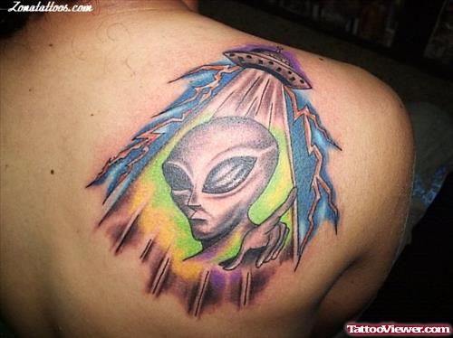 Spaceship And Alien Head Tattoo On Right BAck SHoulder